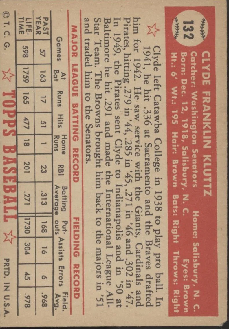 Clyde Kluttz 1952 Topps RC #132 Washington Senators VG