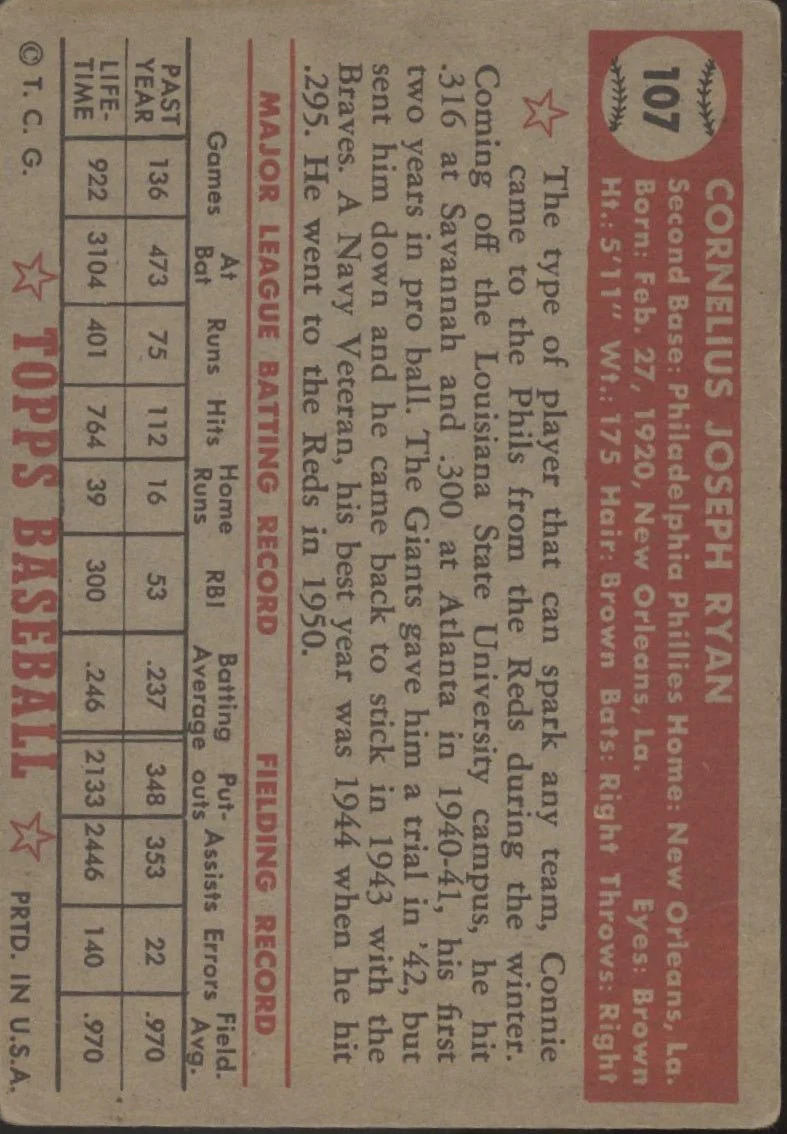 Connie Ryan 1952 Topps #107 Philadelphia Phillies VG