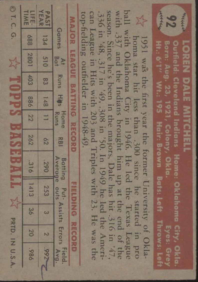 Dale Mitchell 1952 Topps #92 Cleveland Indians VG