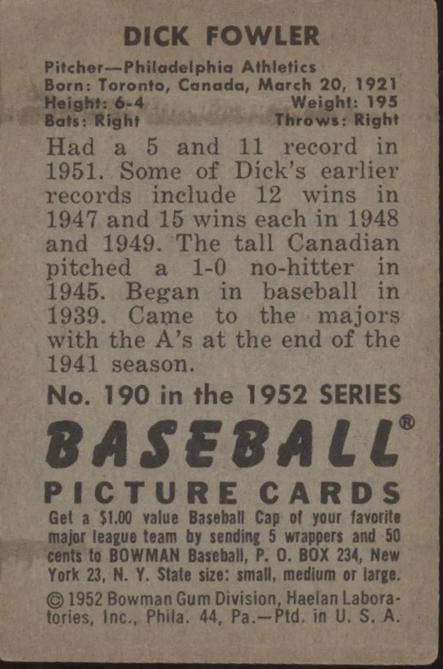 755-dick-fowler-1952-bowman-190-philadelphia-athletics-vg-ex-2.webp Dick Fowler 1952 Bowman #190 Philadelphia Athletics VG-EX