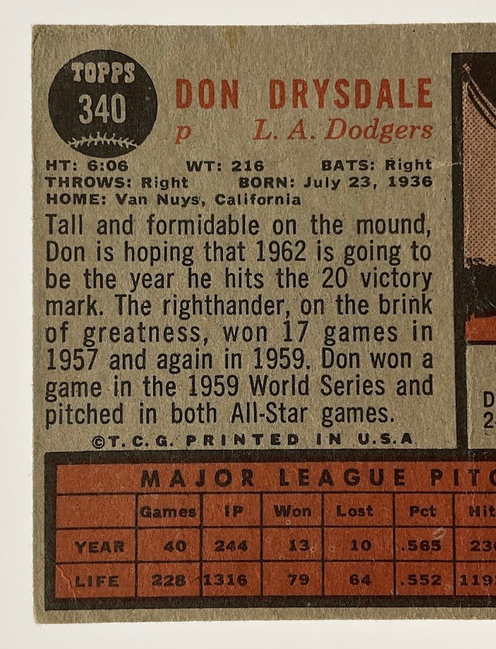 Don Drysdale 1962 Topps #340 Los Angeles Dodgers VG