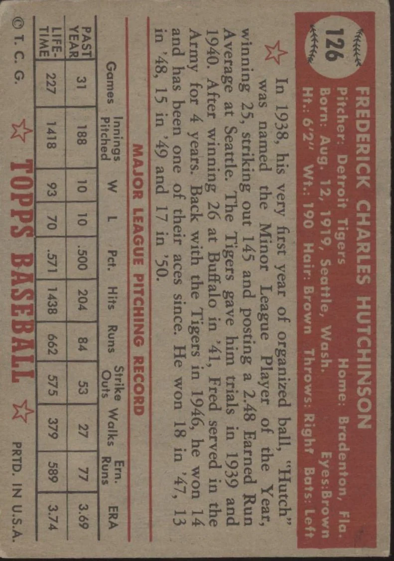 Fred Hutchinson 1952 Topps #126 Detroit Tigers VG