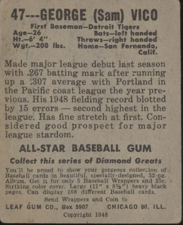George Vico 1948 Leaf #47 Detroit Tigers VG