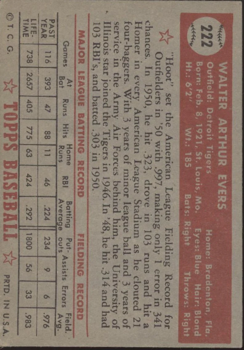 Hoot Evers 1952 Topps #222 Detroit Tigers VG