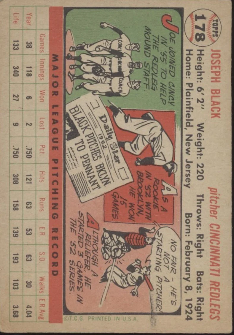 Joe Black 1956 Topps #178 Cincinnati Redlegs VG-EX