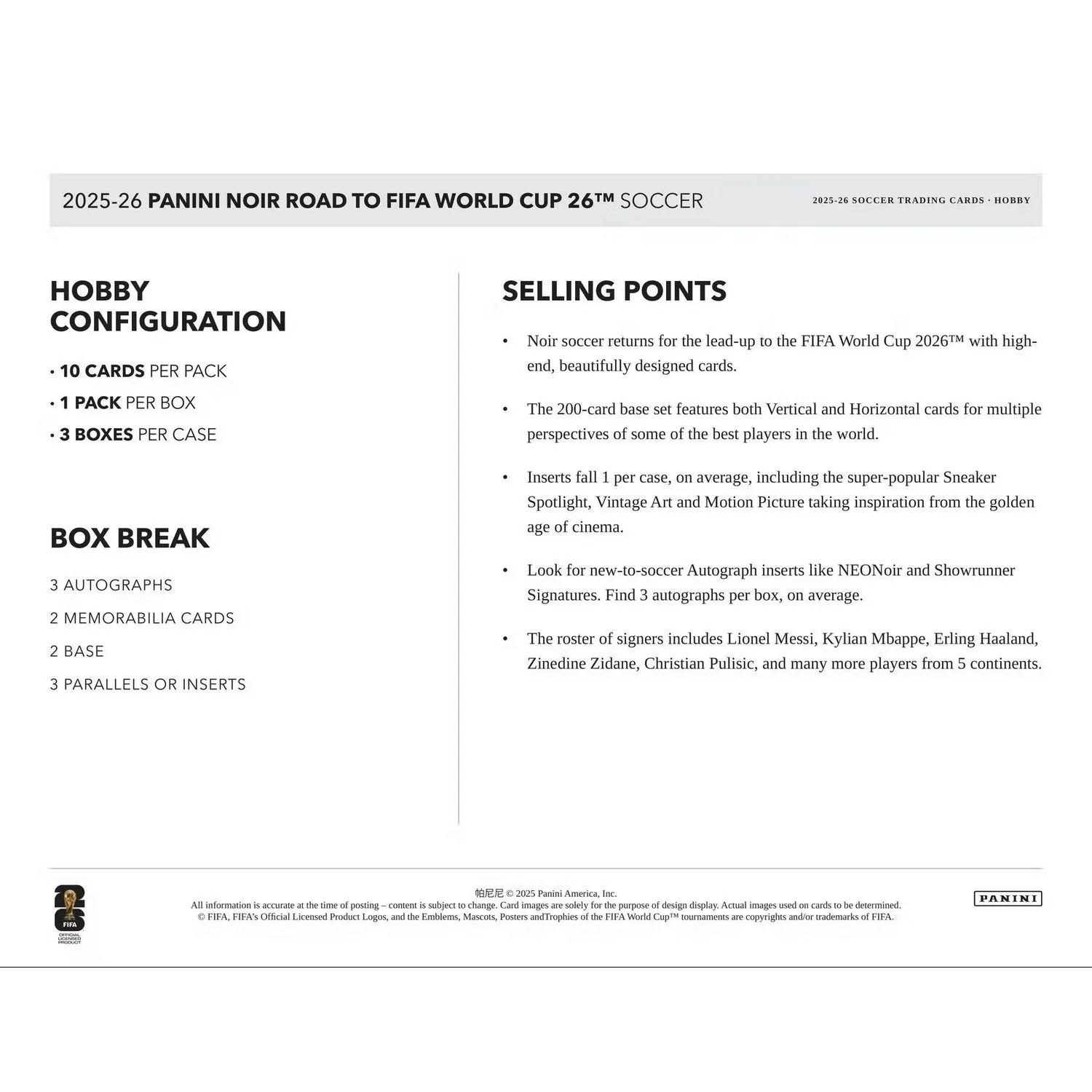 2025-26 Panini Noir Road to FIFA World Cup Soccer Hobby 3-Box Case