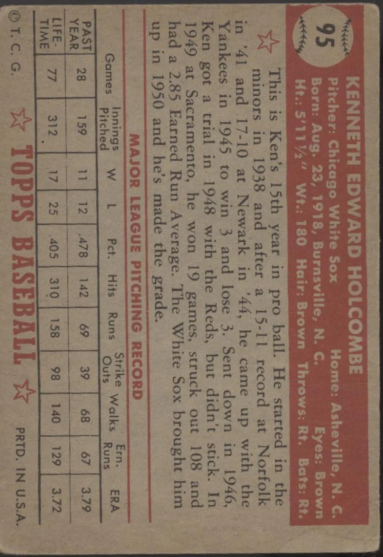 Ken Holcombe 1952 Topps #95 Chicago White Sox VG #2