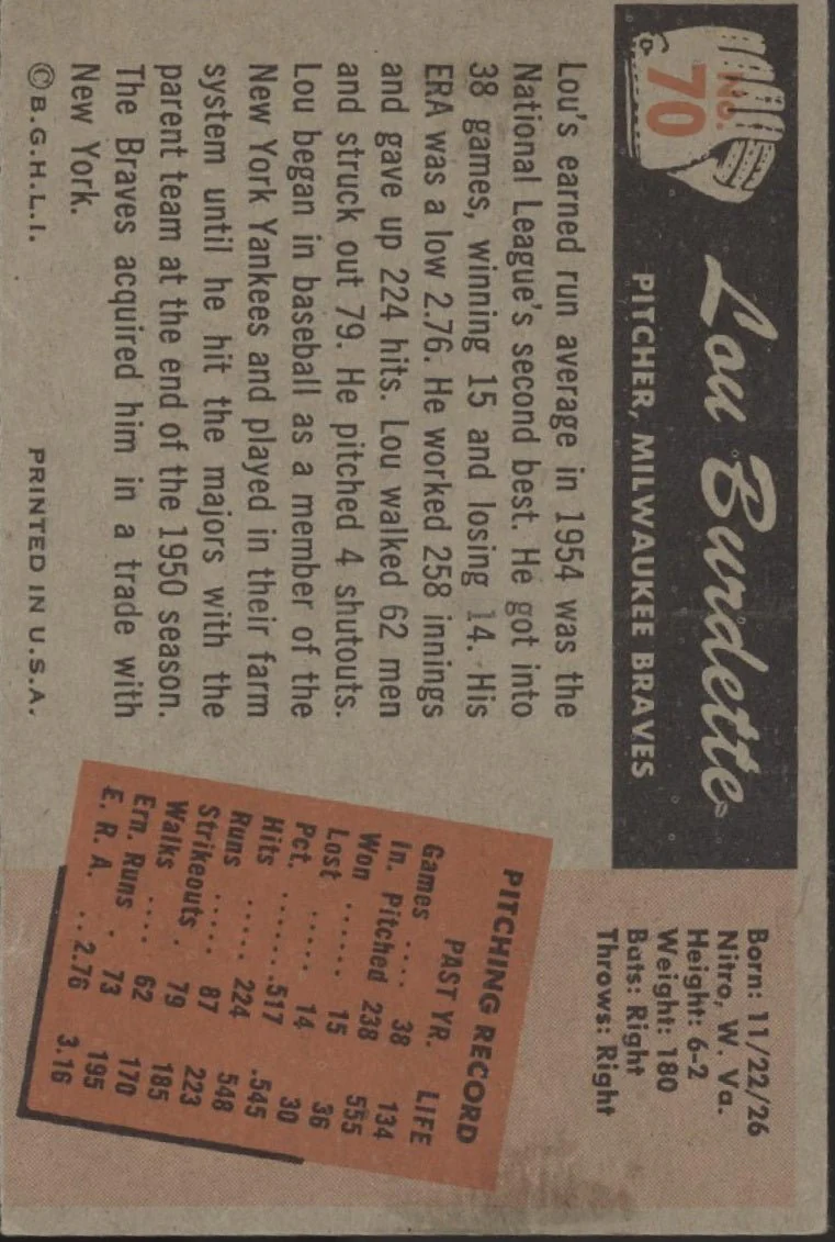 Lou Burdette 1955 Bowman #70 Milwaukee Braves VG-EX