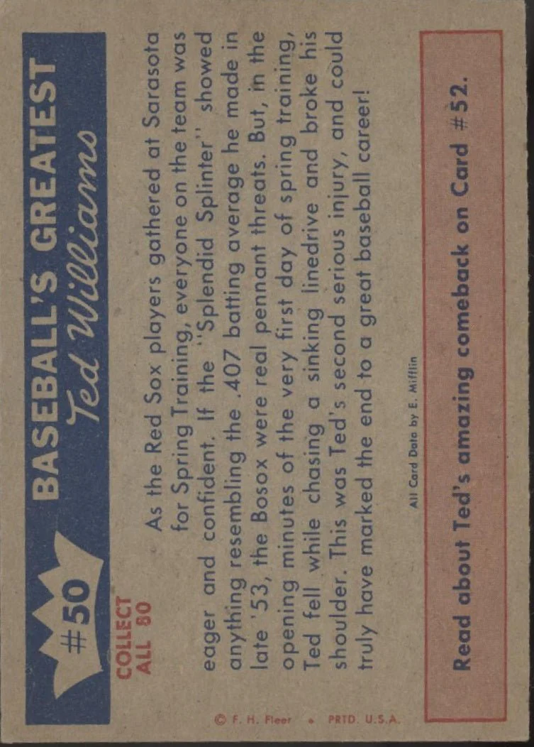March 1954 - Spring Injury 1959 Fleer Ted Williams #50 Boston Red Sox VG-EX