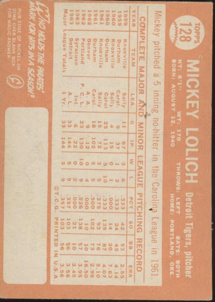 Mickey Lolich 1964 Topps RC #128 Detroit Tigers GD
