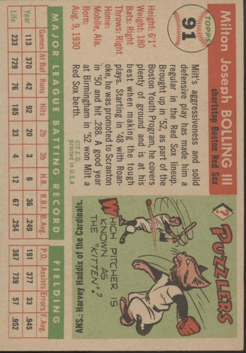 Milt Bolling 1955 Topps #91 Boston Red Sox VG-EX #2