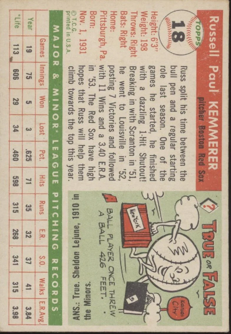 Russ Kemmerer 1955 Topps #18 Boston Red Sox VG