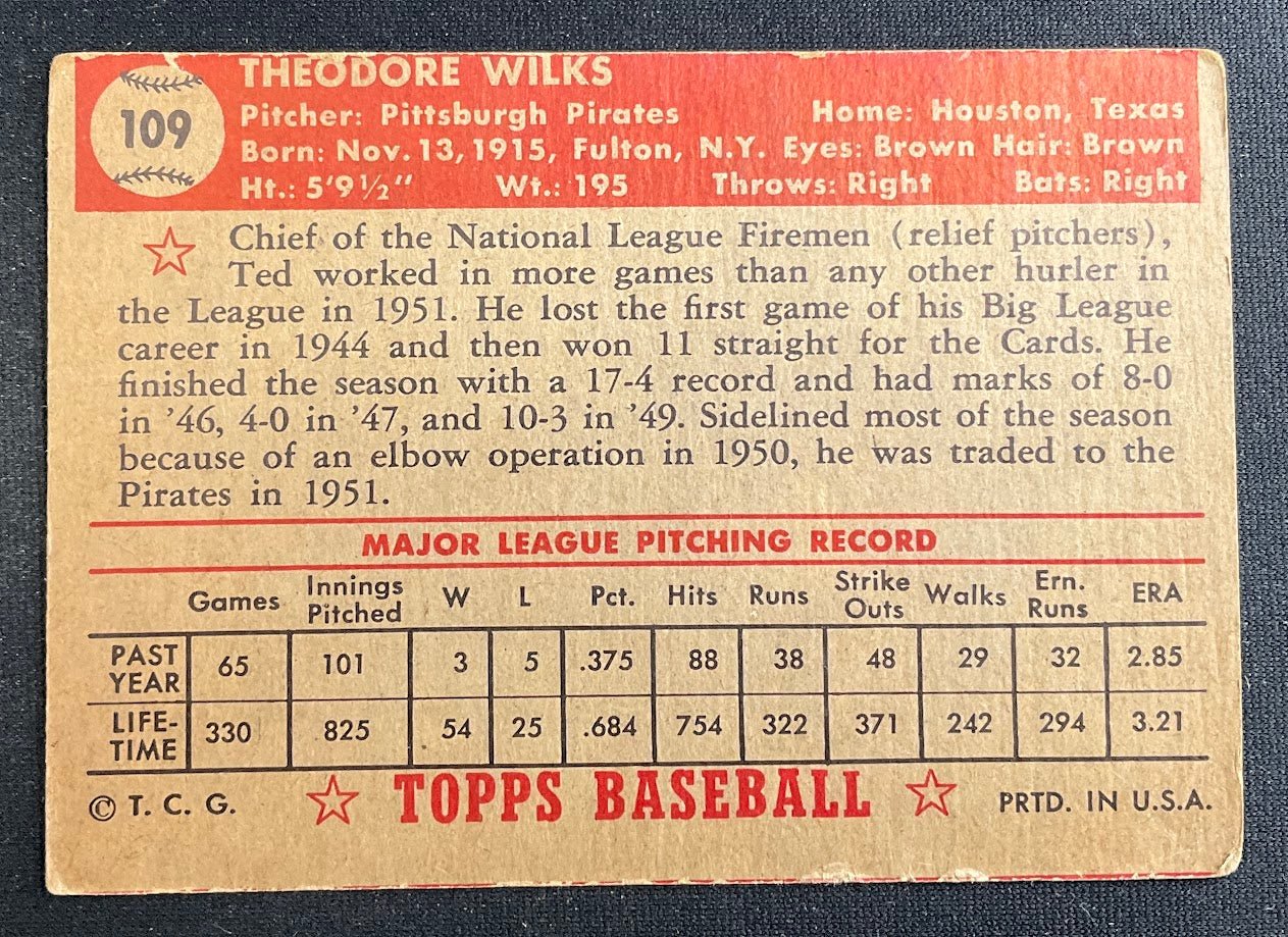 Ted Wilks 1952 Topps #109 Pittsburgh Pirates GD