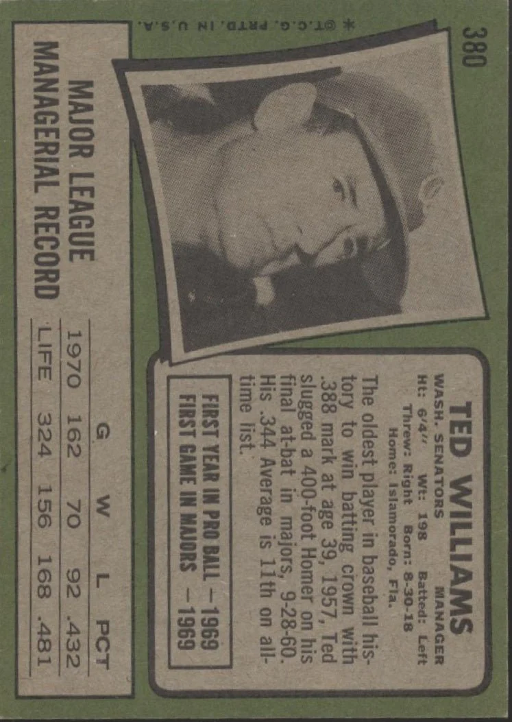 Ted Williams 1971 Topps #380 Washington Senators VG #1