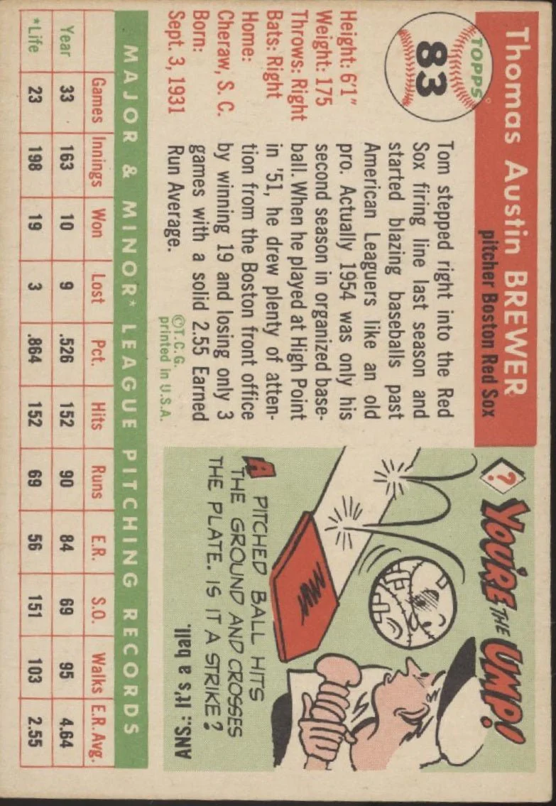 Tom Brewer 1955 Topps #83 Boston Red Sox VG
