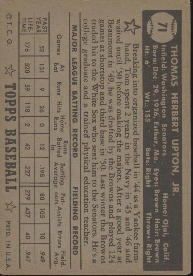 Tom Upton 1952 Topps RC #71 Washington Senators VG #2