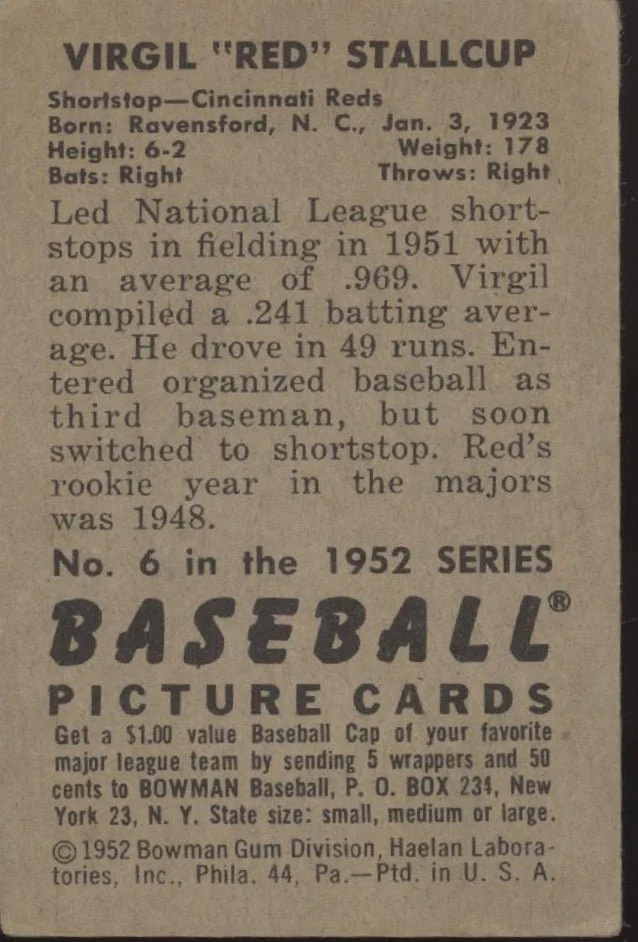 Virgil Stallcup 1952 Bowman #6 Cincinnati Reds VG-EX