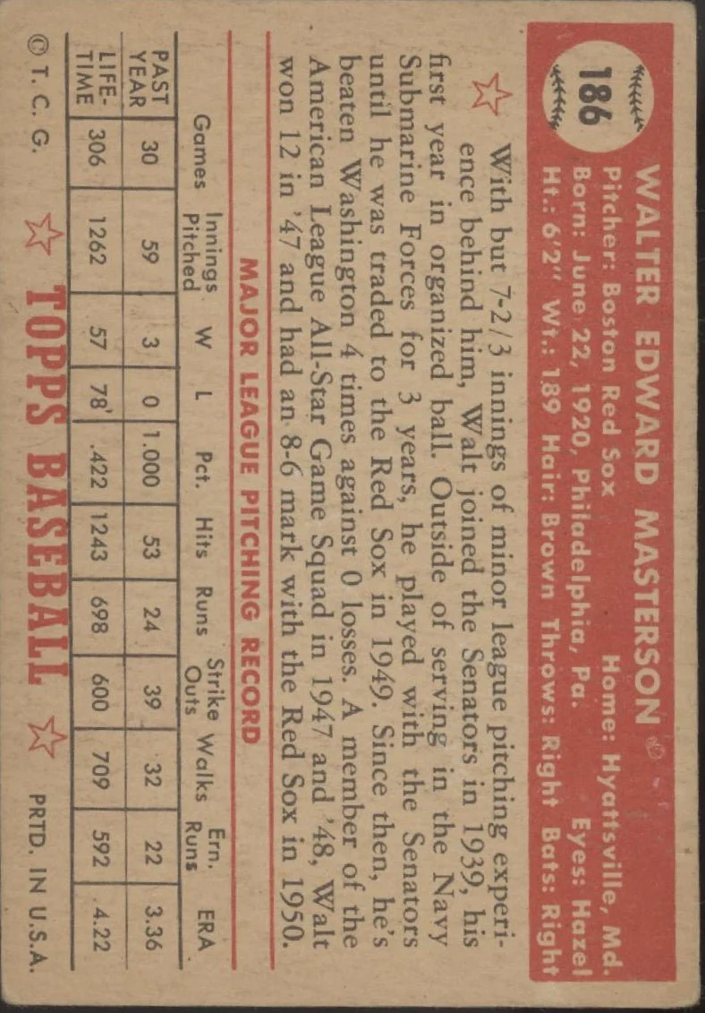 Walt Masterson 1952 Topps #186 Boston Red Sox VG