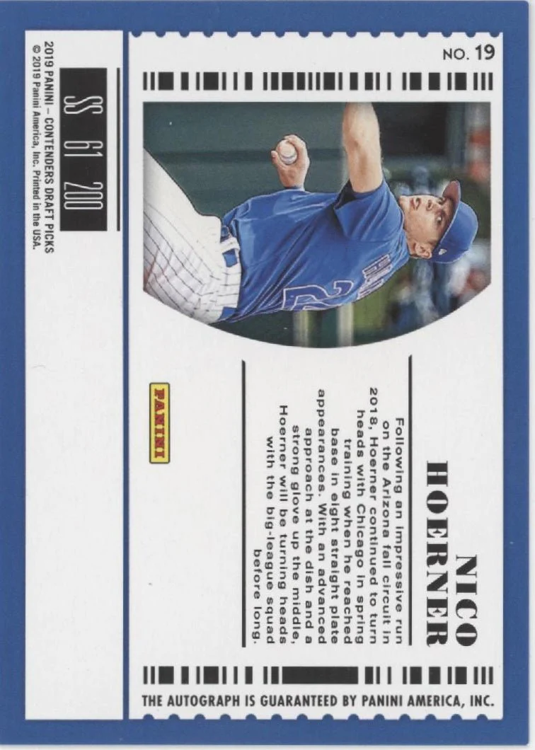 Nico Hoerner 2019 Panini Contenders Draft Picks Draft Ticket Blue Auto 76/99 #19