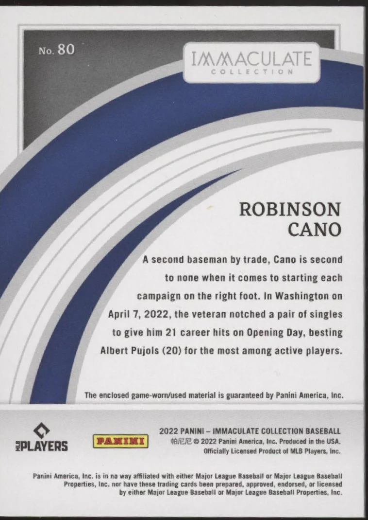 Robinson Cano 2022 Panini Immaculate Collection Swatch 03/10 #80