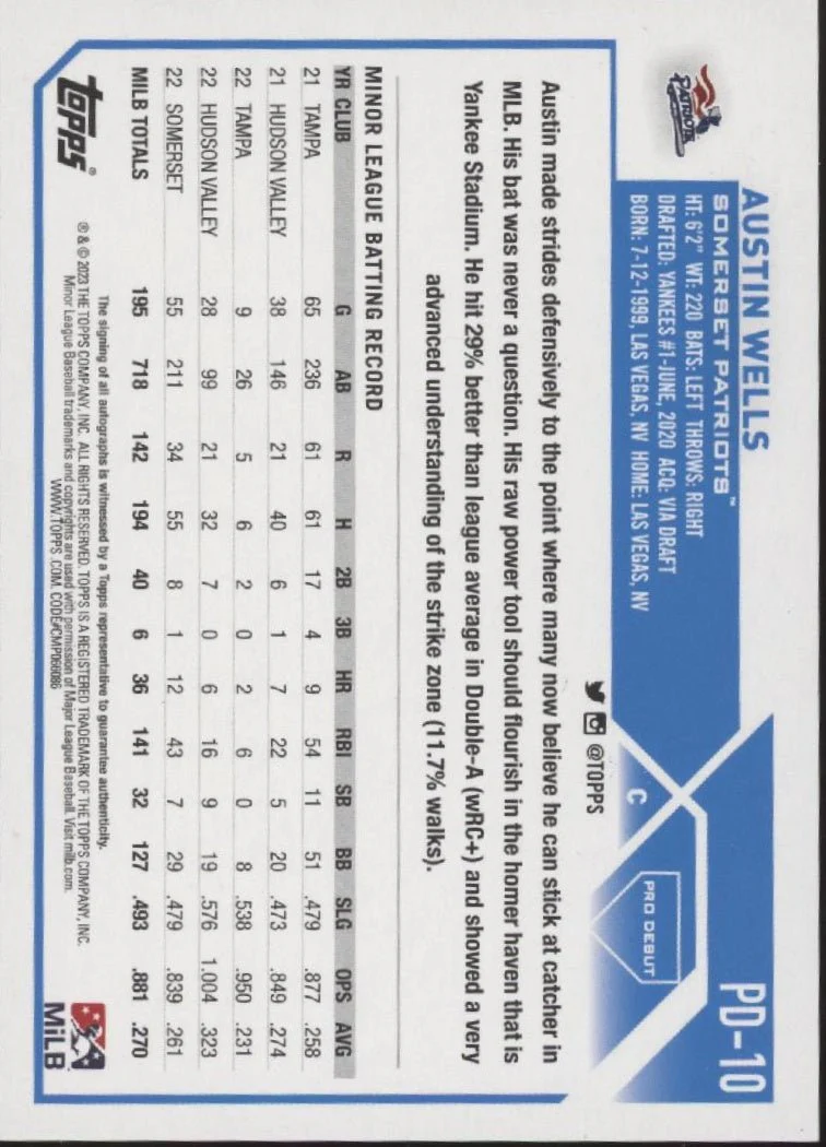 Austin Wells 2023 Topps Pro Debut Auto #PD-10