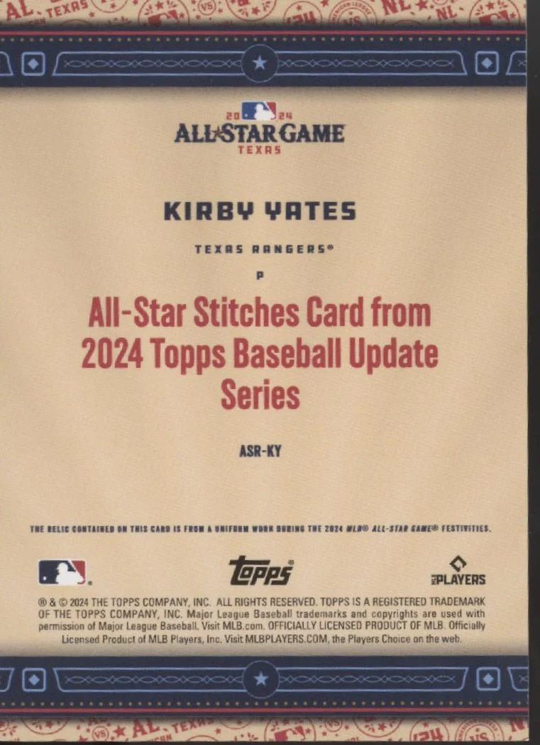Kirby Yates 2024 Topps Update Series All-Star Stitches Swatch 035/199 #ASR-KY