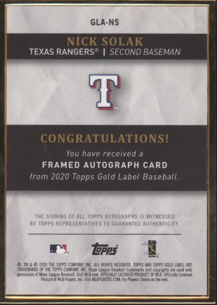 Nick Solak 2020 Topps Gold Label Framed RC Auto 16/50 #GLA-NS