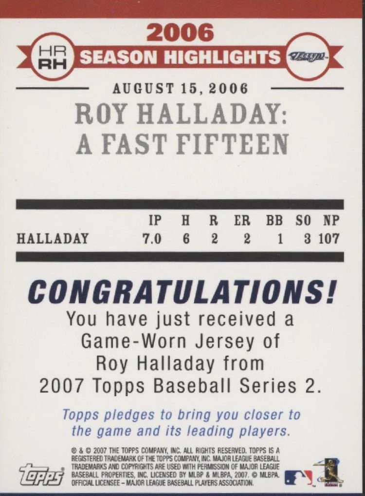 Roy Halladay 2007 Topps Series 2 Highlights Swatch #HR-RH