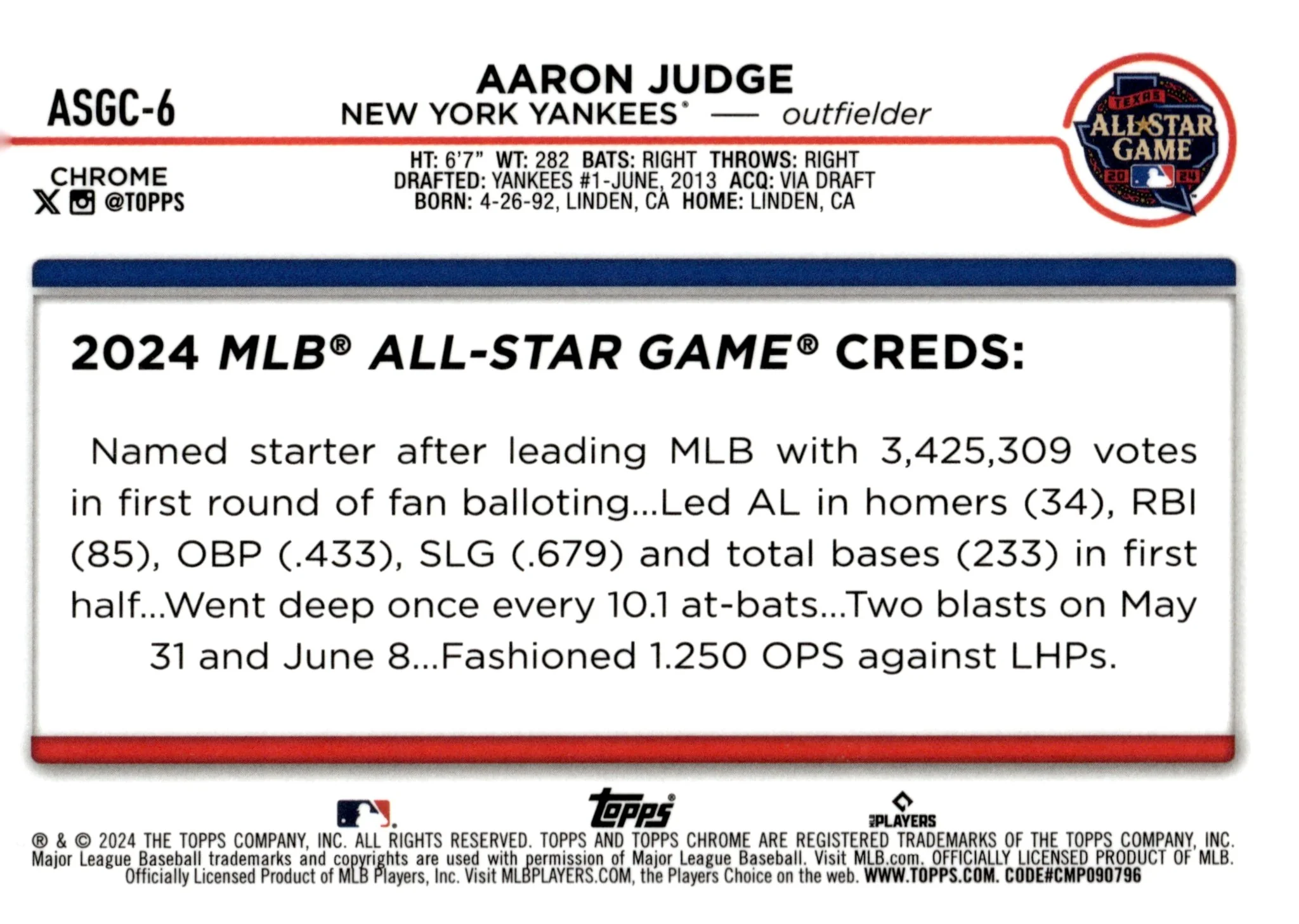 Aaron Judge 2024 Topps Chrome All Star Game Refractor #ASG-6