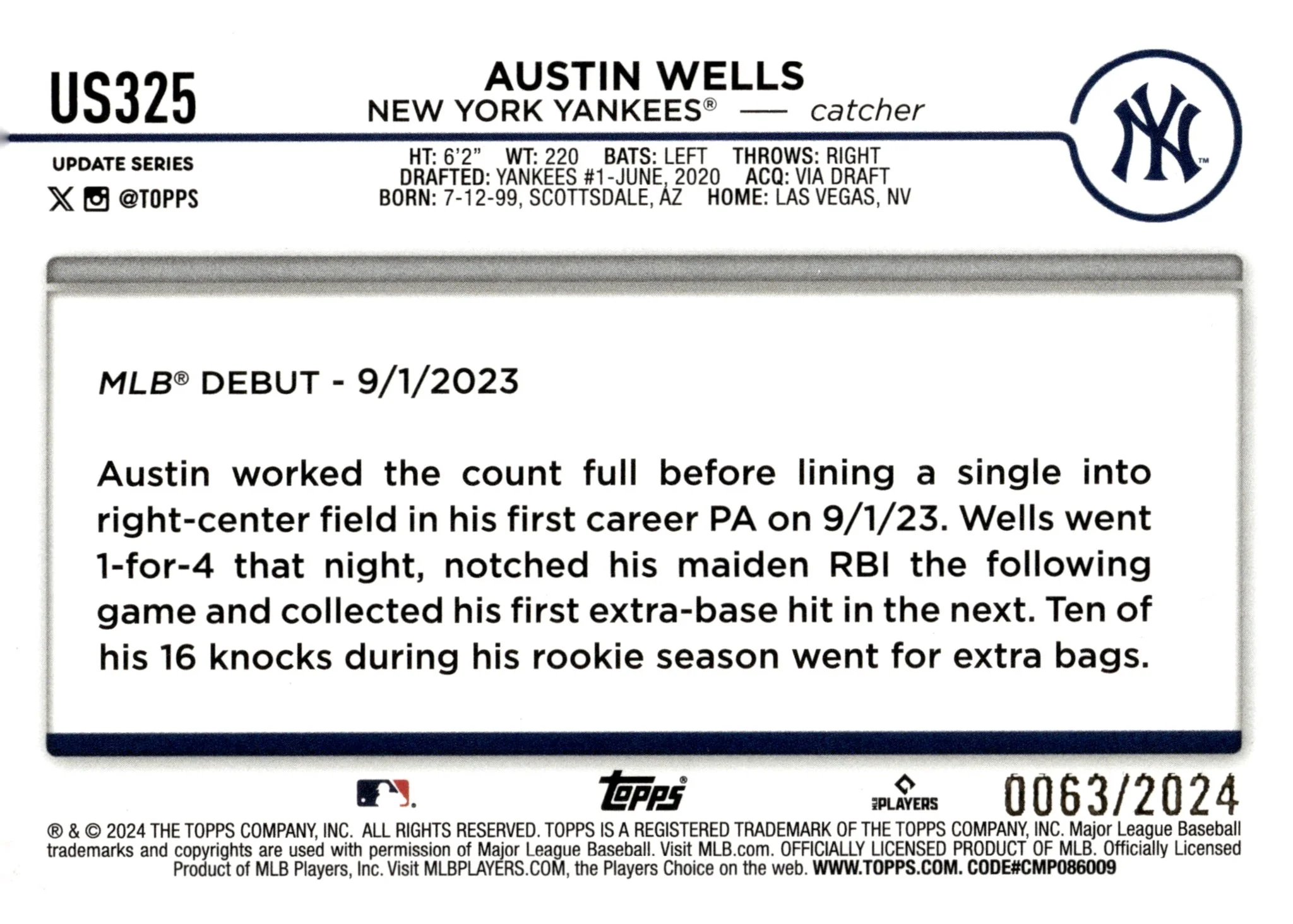 Austin Wells 2024 Topps Update Series Gold Border RC 0063/2024 #US325