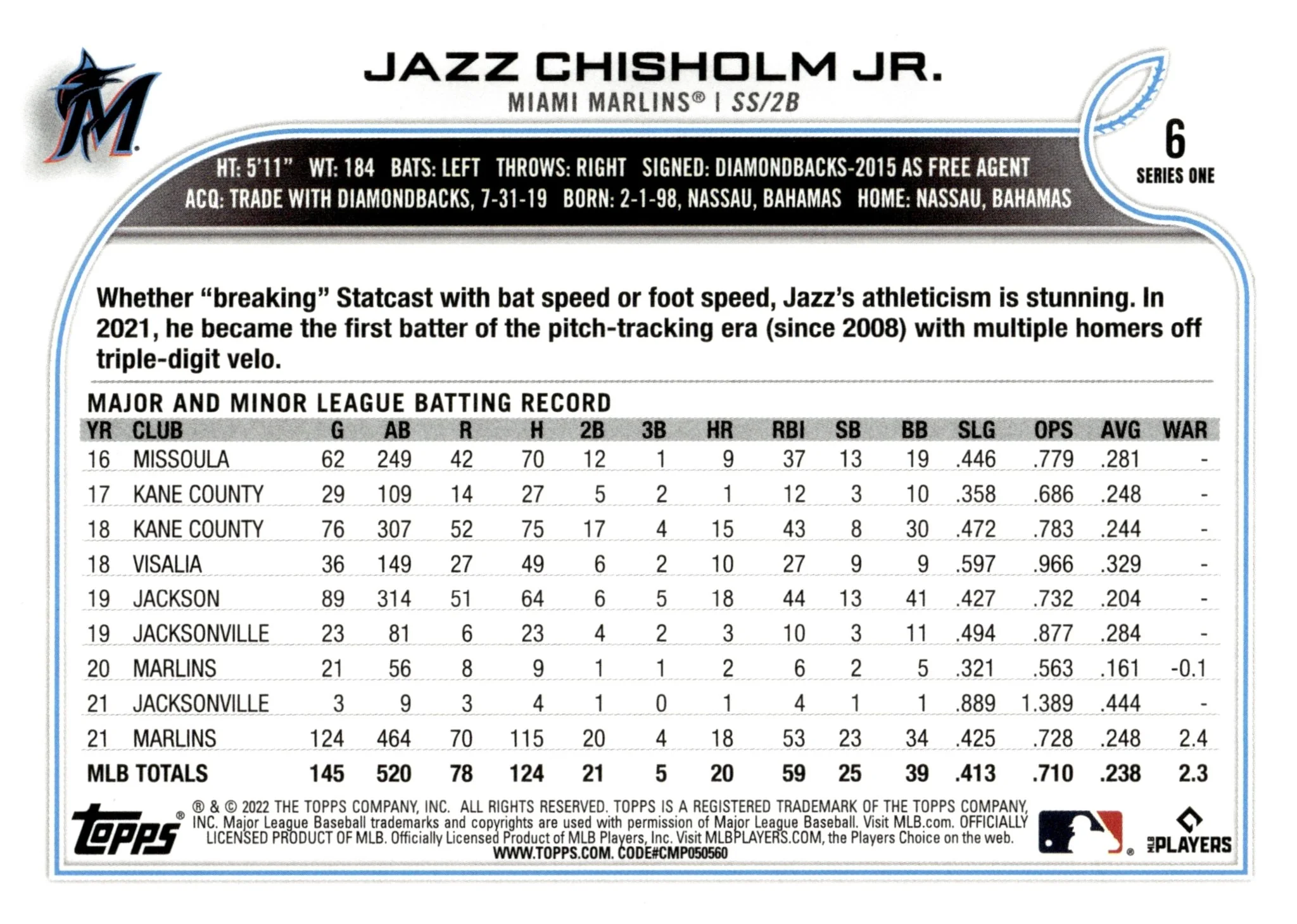 Jazz Chisholm Jr. 2022 Topps Series 1 Image Variation SP #6