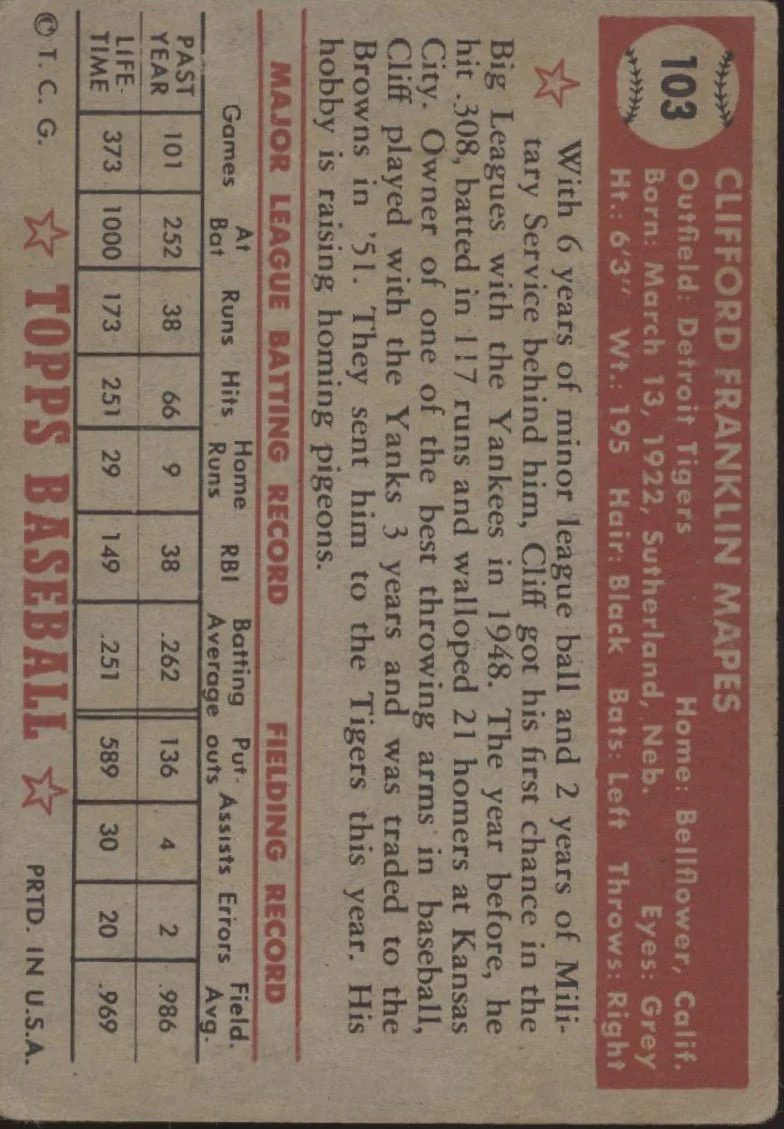 Cliff Mapes 1952 Topps #103 Detroit Tigers VG