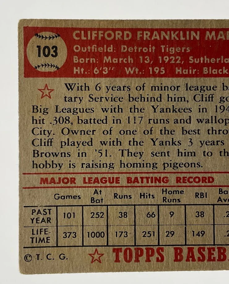 Cliff Mapes 1952 Topps #103 Detroit Tigers VG