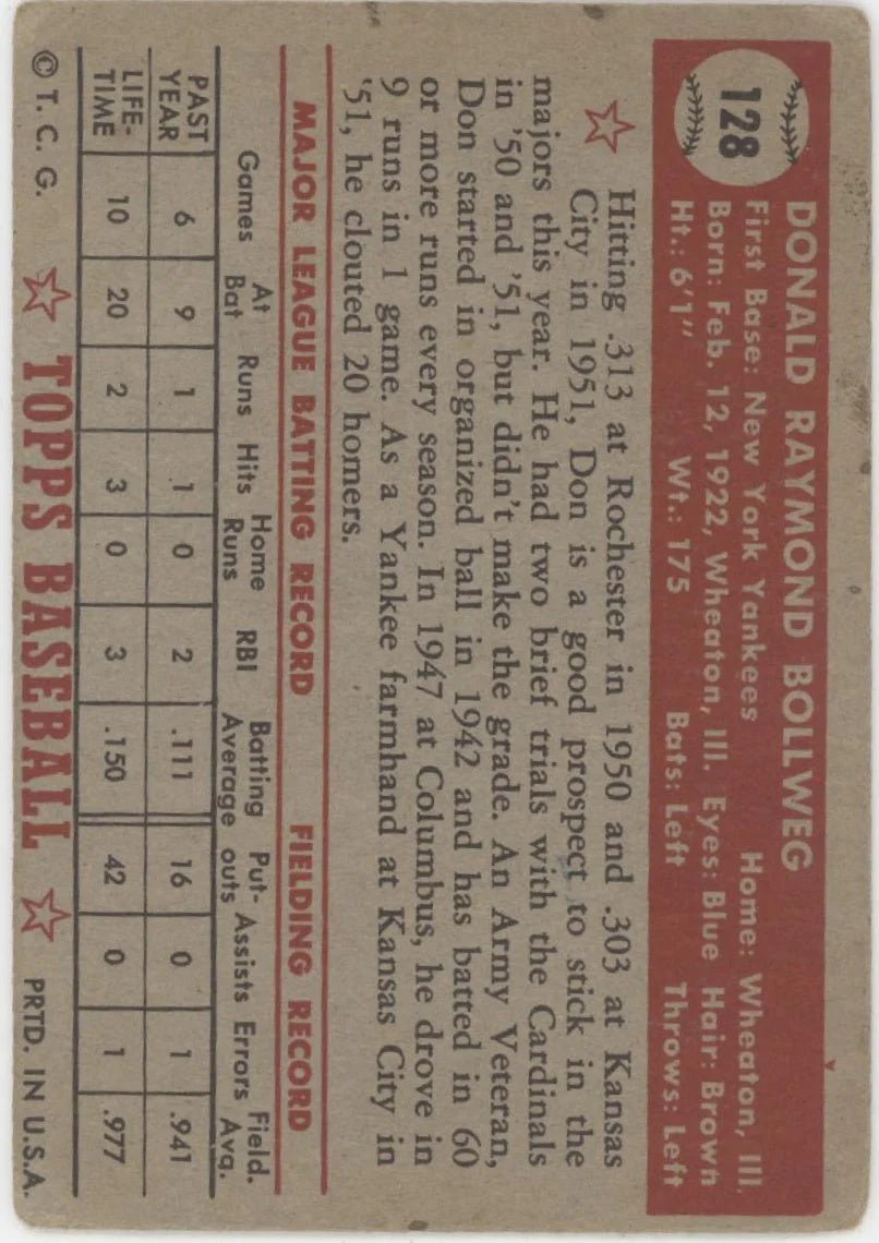 Don Bollweg 1952 Topps RC #128 New York Yankees VG #1