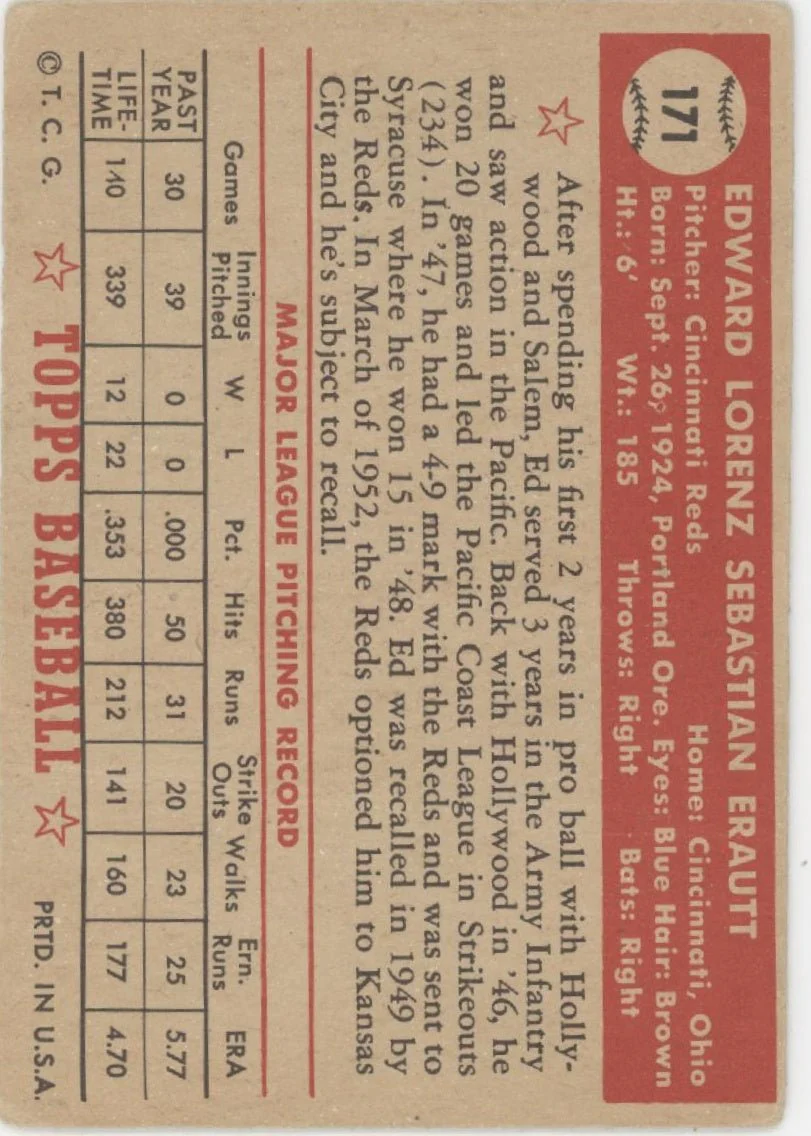 Ed Erautt 1952 Topps Cincinnati Reds RC #171 VG