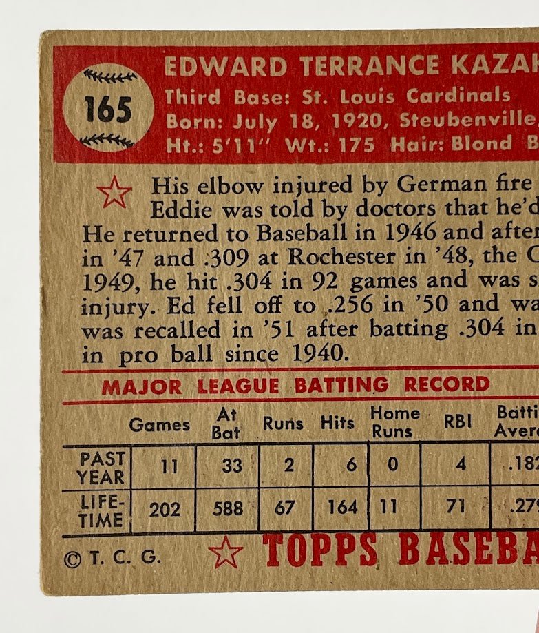 848-eddie-kazak-1952-topps-165-st-louis-cardinals-vg-5.jpg Eddie Kazak 1952 Topps #165 St Louis Cardinals VG