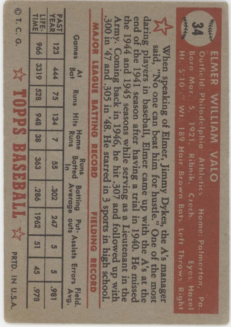 Elmer Valo 1952 Topps #34 Philadelphia Athletics VG #2