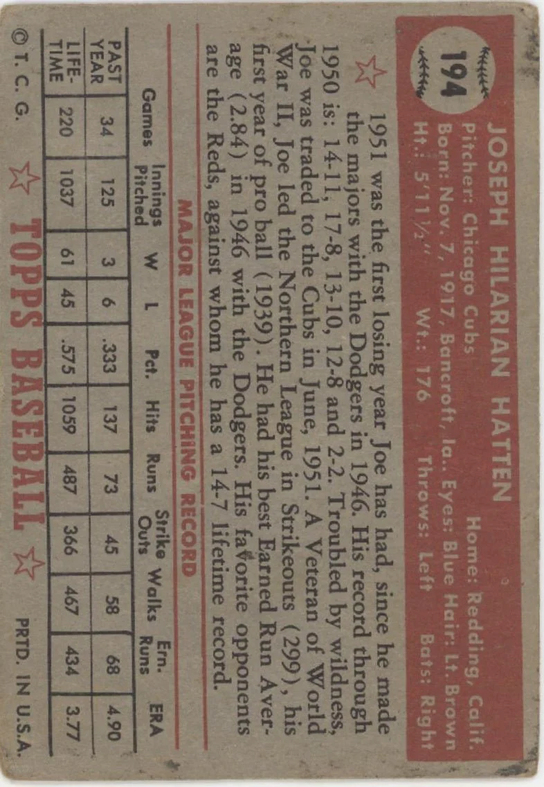Joe Hatten 1952 Topps #194 Chicago Cubs VG