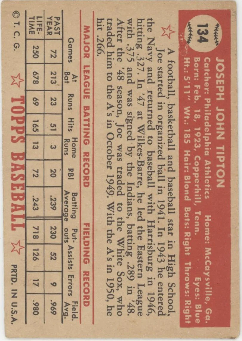 Joe Tipton 1952 Topps #134 Philadelphia Athletics VG-EX