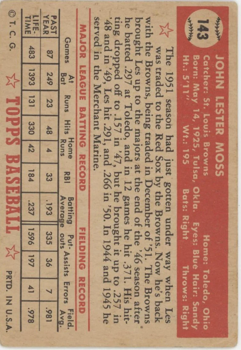 Les Moss 1952 Topps #143 St. Louis Browns VG