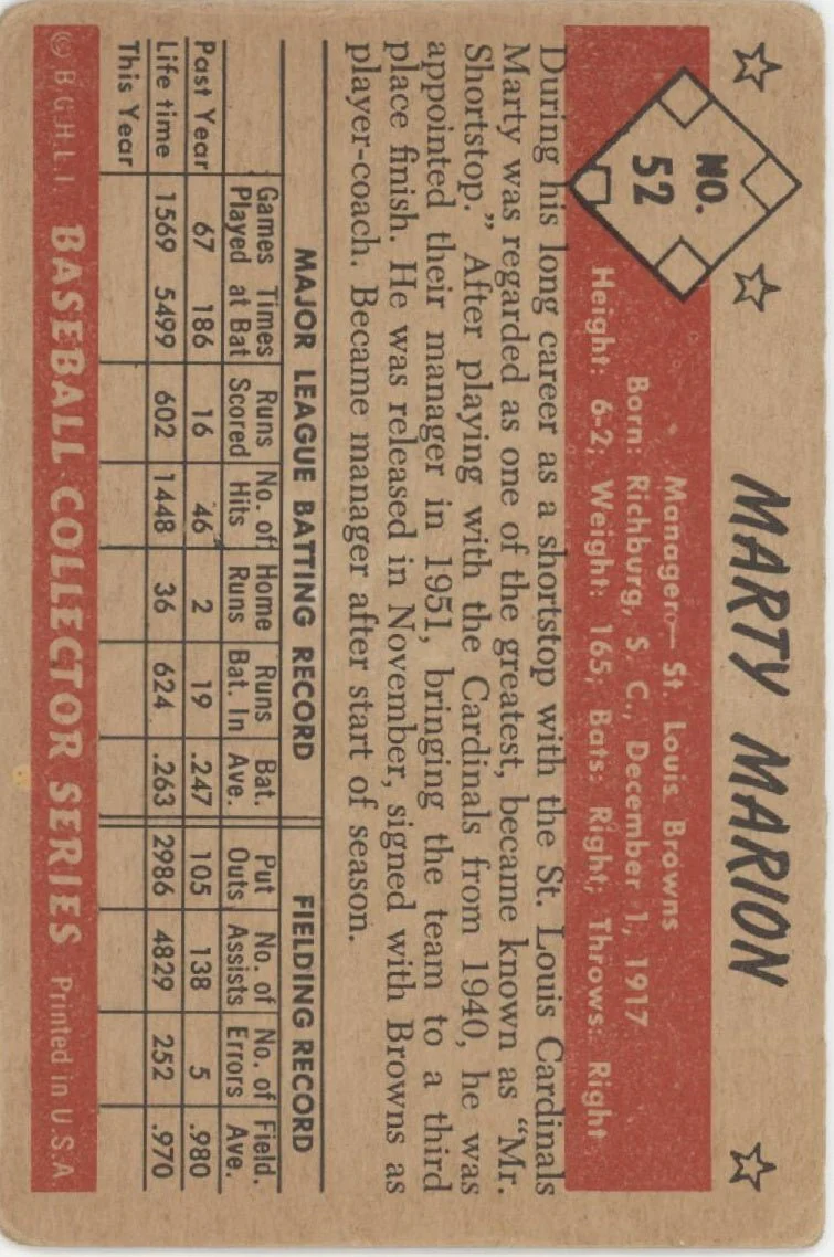 Marty Marion 1953 Bowman #52 St. Louis Browns VG