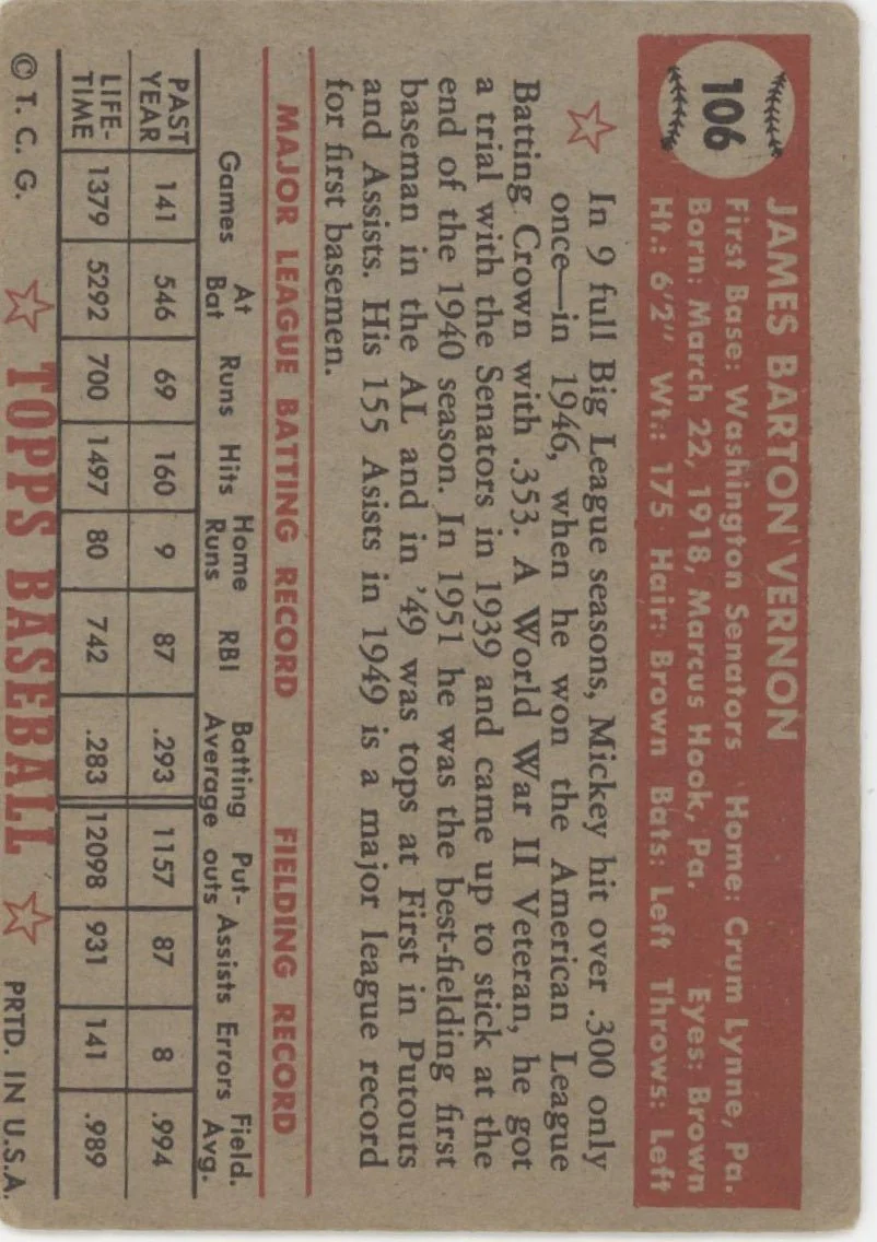 Mickey Vernon 1952 Topps #106 Washington Senators VG-EX