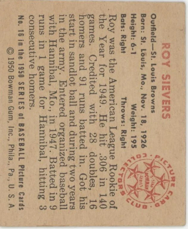 867-roy-sievers-1950-bowman-rc-16-st.-louis-browns-ex-2.webp Roy Sievers 1950 Bowman RC #16 St. Louis Browns EX