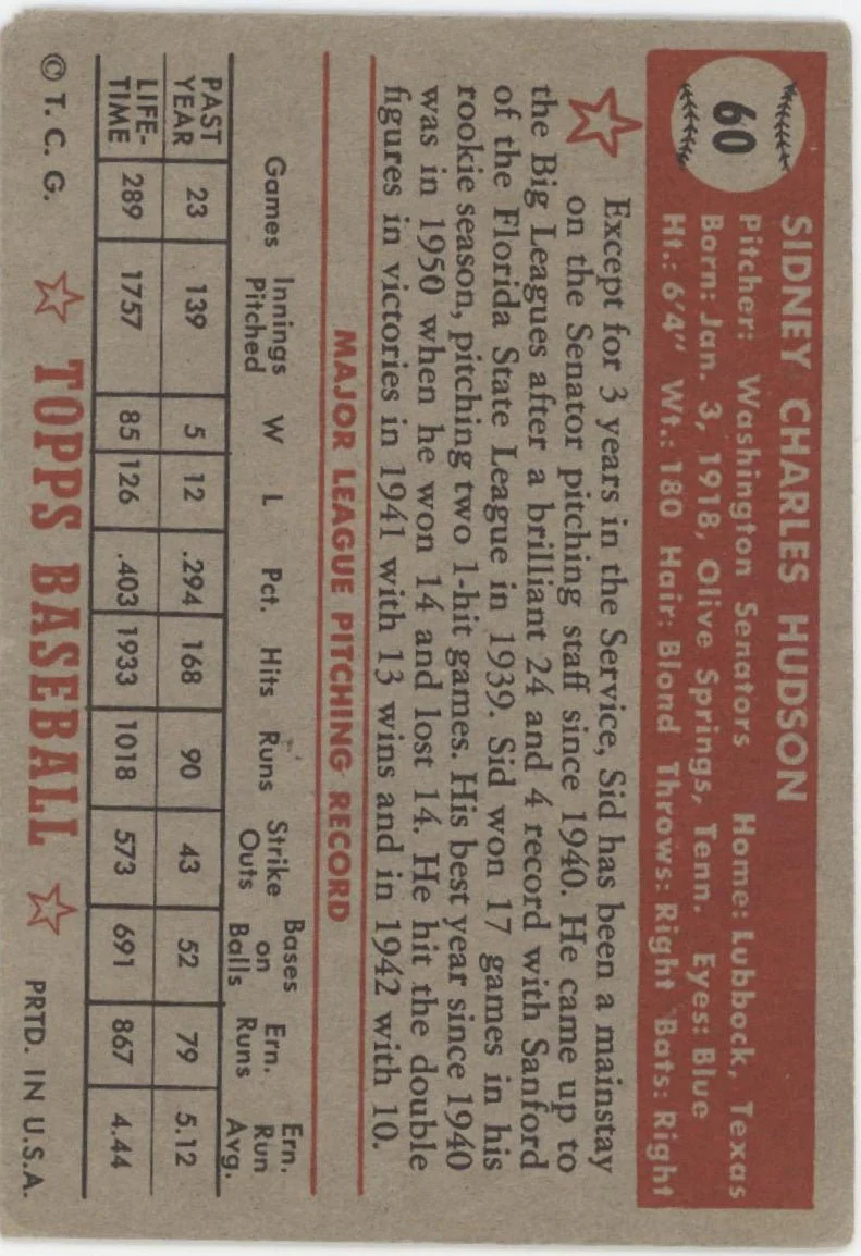Sid Hudson 1952 Topps #60 Washington Senators VG
