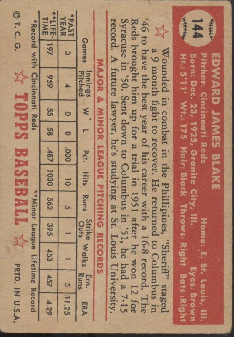 Ed Blake 1952 Topps RC #144 Cincinnati Reds VG