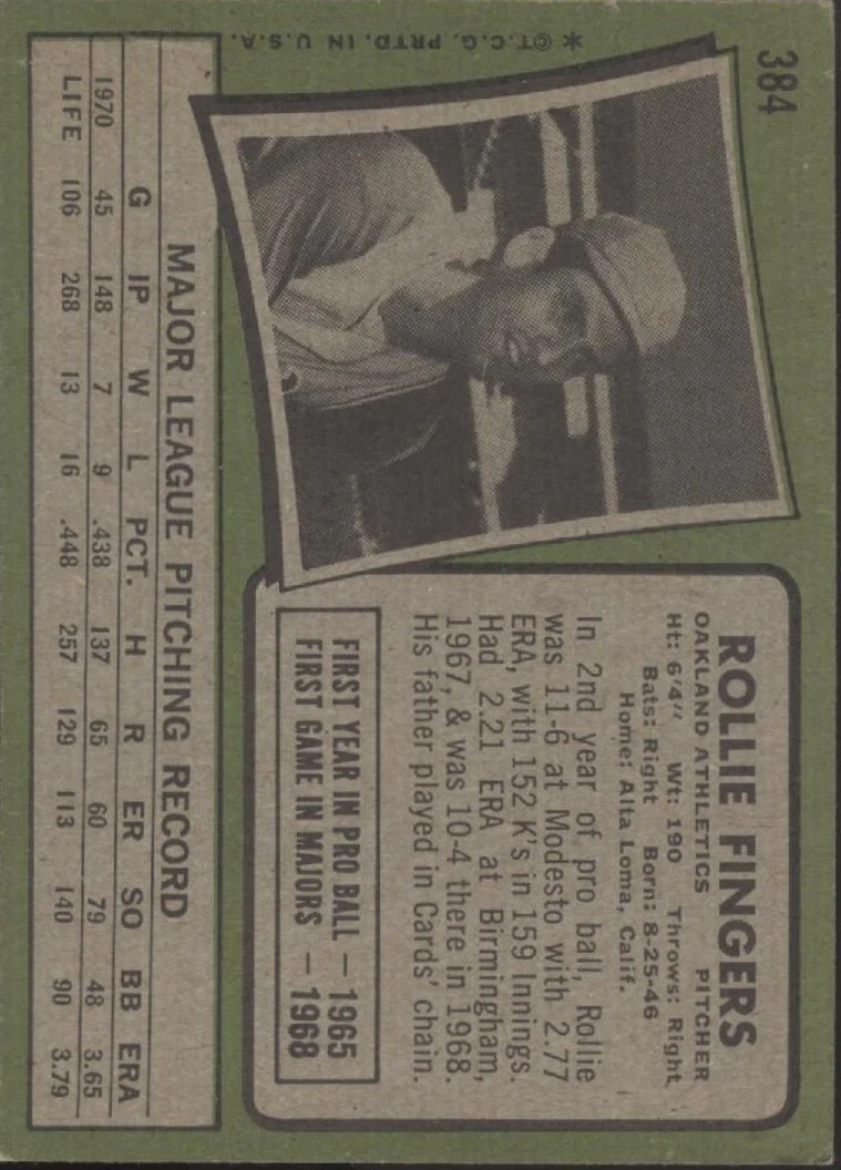 875-rollie-fingers-1971-topps-384-oakland-athletics-vg-ex-2.webp Rollie Fingers 1971 Topps #384 Oakland Athletics VG-EX