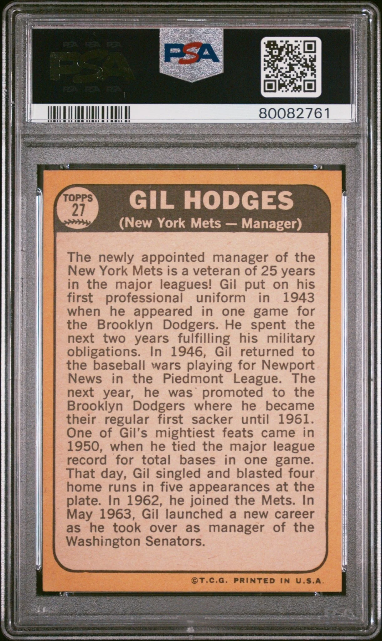 Gil Hodges 1968 Topps #27 PSA 8