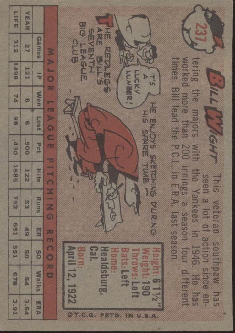 Bill Wight 1958 Topps #237 Cincinnati Redlegs EX