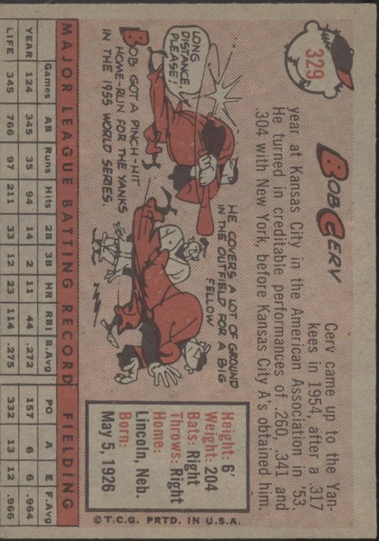 Bob Cerv 1958 Topps #329 Kansas City Athletics EX