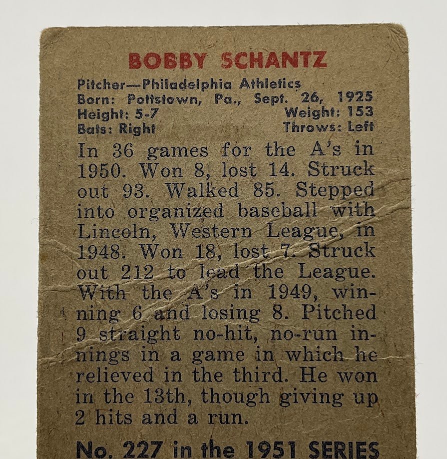884-bobby-schantz-1951-bowman-227-philadelphia-athletics-gd-1-4.jpg Bobby Schantz 1951 Bowman #227 Philadelphia Athletics GD #1